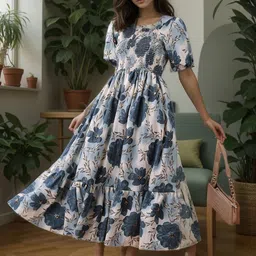 FIXOCRA Women Floral Printed Smocked Puff Sleeve A-Line Midi Dress image 3