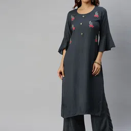 Blissta Women Charcoal Grey Embroidered Kurta with Palazzos image 1