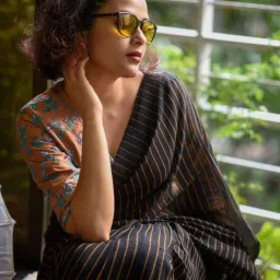 Suta Black Cotton Striped Saree Without Blouse image 5