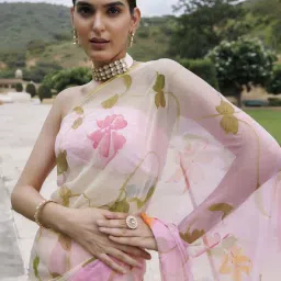 Geroo Jaipur White Pink Shaded Hand Painted Floral Chiffon Saree with Blouse image 5