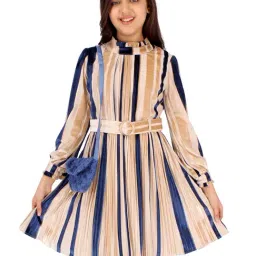 Cutecumber Kids Beige & Blue Striped Full Sleeves Dress with Sling Bag-image-72