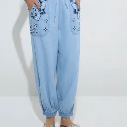 Bombay Paisley by Westside Blue Embroidered Harem-Style Cotton Joggers-picture-31