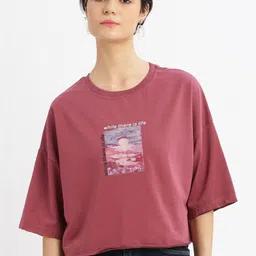 SHOWOFFFF Women Printed Drop-Shoulder Sleeves Boxy T-shirt image 2