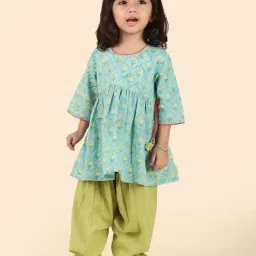 Fabindia Girls Teal Cotton Printed Salwar Set-image-92