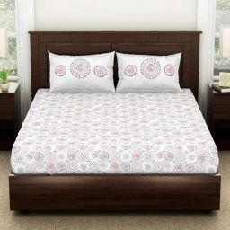 Spaces Geometric White 144 TC Cotton Double Bedsheet With 2 Pillow Covers-picture-38