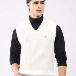 Monte Carlo Men Ribbed V-Neck Sleeveless Woollen Sweater Vest-image-60