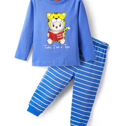 Babyhug Single Jersey Knit Full Sleeves Nightsuit With Animal Print & Stripes - Blue-picture-17