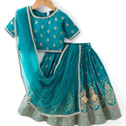 Babyhug Woven Half Sleeves Brocade Pattu Pavda Choli With Lehenga And Dupatta Set - Blue-picture-46