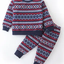 Crayonflakes Polar Fleece Full Sleeves Jacquard Bands Designed Coordinating Sweatshirt & Jogger Set - Navy Blue-picture-28