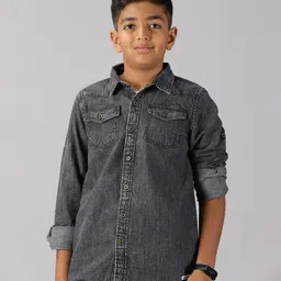 Kiddopanti Full Sleeves Solid  Double Pocket Denim Shirt - Black-image-18