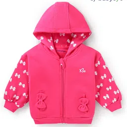 Babyoye Cotton Knit Full Sleeves Hooded Sweatjacket with Bow Print & Applique - Dark Pink-picture-27