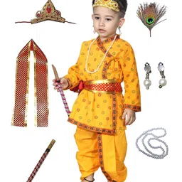 Kaku Fancy Dresses Janmashtami Theme Full Sleeves Abstract Printed Krishna Costume Set - Yellow-picture-22