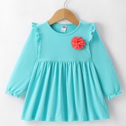 Zero Sinker Knit Full Peasant Sleeves Solid Colour Frock with Floral Applique - Aqua Blue-picture-49