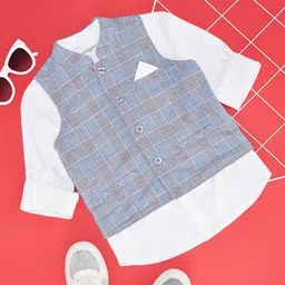 Pantaloons Junior Full Sleeves Solid Shirt With Checked Jacket Set - White-picture-24