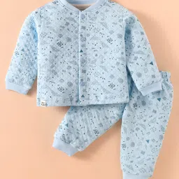 Ollypop Knit Full Sleeves Winter Wear Night Suit with Leaves Print - Light Blue-picture-10