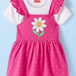 Babyhug 100% Cotton Knit Half Sleeves Solid Colour T-Shirt with Polka Dots & Floral Printed Printed Frock Style Onesie - Dark Pink-image-74
