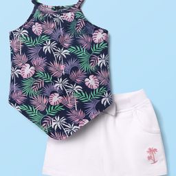 Babyhug Single Jersey Knit Sleeveless Top & Shorts Set with Tropical Theme Print & Bow Applique - White & Navy Blue-picture-39