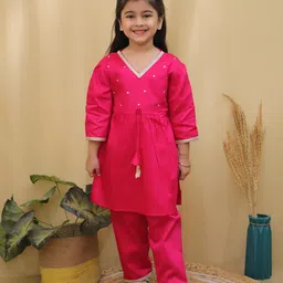 AJ Dezines Cotton Three Fourth Sleeves Rhinestones & Lace Embellished Kurta & Pant Set - Pink-picture-11