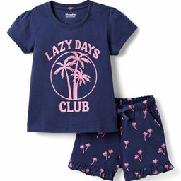 Honeyhap Premium 100% Cotton Knit Half Sleeves Co-ords Shorts Night Suit with Bio Finish & Coconut Tree Print - Navy Blue-picture-41