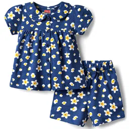 Babyhug Cotton Knit Half Sleeves Co-ords Shorts Night Suit With Floral Print - Navy Blue-picture-37