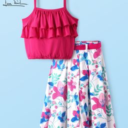 arias by lara dutta Arias Cotton Knit Sleeveless Ruffle Detailing Top & Button Placket Floral Skirt Set With Belt - Dark Pink-picture-49