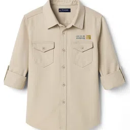 Pine Kids Cotton Woven Full Sleeves Shirt with Front Pocket & Text Print - Beige-picture-20