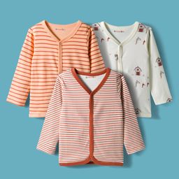 kookie kids india Kookie Kids Interlock Knit Full Sleeves Jhablas with Stripes & Farm Print Pack of 3 - Orange Red & White-picture-35