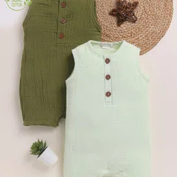 Cot & Candy Organic Cotton Muslin Knit Pack Of 2 Sleeveless Solid Rompers - Olive & Pistachio Cream-image-79