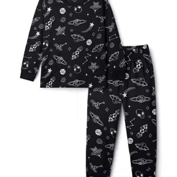 Primo Gino 100% Cotton Knit Full Sleeves Night Suit with Space Theme Print - Black-image-96
