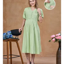 Lovely Mom's Rayon Woven Half Sleeves Solid Maternity Dress With Side Zipper Nursing Access - Pista Green-picture-13