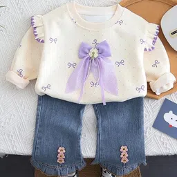 Googo Gaaga Cotton Knit Full Sleeves Bow Printed & Applique Detailed Light Winter Sweatshirt With Jeans Set - Cream-picture-22