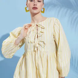 Murcia Striped Puff Sleeve Cotton Tie-up Peplum Top-picture-28