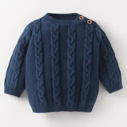Yellow Apple Wool Knitted Full Sleeves Solid Colour Pullover Sweater Set With Cable Knit Design & Cap - Navy Blue image 2