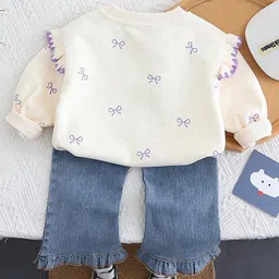 Googo Gaaga Cotton Knit Full Sleeves Bow Printed & Applique Detailed Light Winter Sweatshirt With Jeans Set - Cream image 3