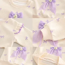 Googo Gaaga Cotton Knit Full Sleeves Bow Printed & Applique Detailed Light Winter Sweatshirt With Jeans Set - Cream image 4