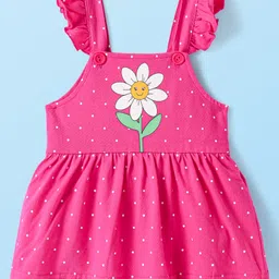 Babyhug 100% Cotton Knit Half Sleeves Solid Colour T-Shirt with Polka Dots & Floral Printed Printed Frock Style Onesie - Dark Pink image 4