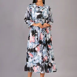 JC4U Women Floral Printed Smocked Georgette Fit & Flare Midi Dress-picture-38