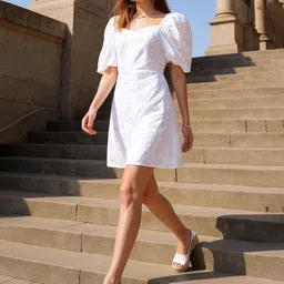 ZUMMER Women Sweetheart Neck Schiffli Pure Cotton Fit & Flare Dress-image-57