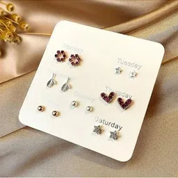 Zaphariq Set Of 7 Silver-Plated Artificial Stones Studded Floral Studs image 5