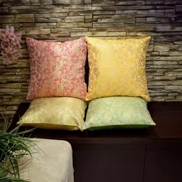 RoyalDeco Bageecha Yellow & Red 4 Pieces Ethnic Motifs Brocade Silk Square Cushion Covers image 5