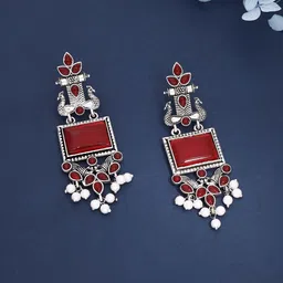 Sangria Silver-Plated Stones Studded & Beaded Oxidized Contemporary Drop Earrings image 2