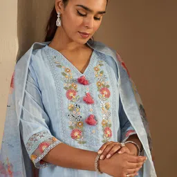 Indo Era Floral Yoke Design Straight Thread Work Pure Cotton Kurta with Trousers & Dupatta image 2