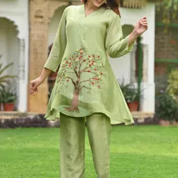 ANUSHEET All Season Embroidered V-Neck Three-Quarter Sleeves Muslin Tunic With Trouser image 1