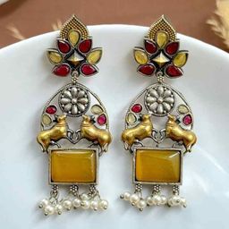 NAMAN ARTS Silver-Plated Artificial Studded & Peals Beaded Contemporary Drop Earrings-picture-22