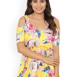 Kaali Peeli Floral Printed Cold ShoulderV-Neck Monokini Swim Dress-image-59
