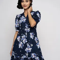 DressBerry Floral Printed Puff Sleeves Crepe Fit & Flare Dress image 3