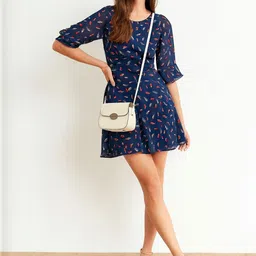 DressBerry Women Navy Blue Georgette Printed Ruffled Fit & Flare Dress-image-47