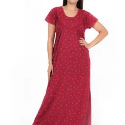 ORLIZEA Women Maroon Floral Printed Short Sleeves Round Neck Cotton Maxi Nightdress-image-15