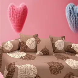 WELLNEST Set Of 8 Brown & Beige Leaf Printed Cotton Diwan Set image 1