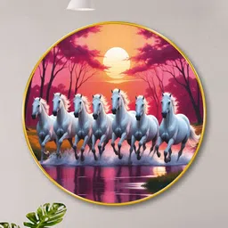SAF Pink & White Seven Running Horses Round MDF Wall Art-23 x 23 Inch-picture-24